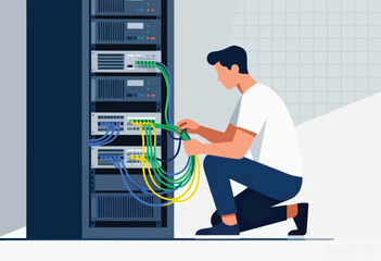 An IT professional connects cables to a server rack in a modern, minimalist illustration