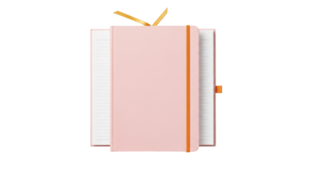 Isolated Light Pink Notebook with Orange Elastic Band and Ribbon Bookmark on a Tabletop