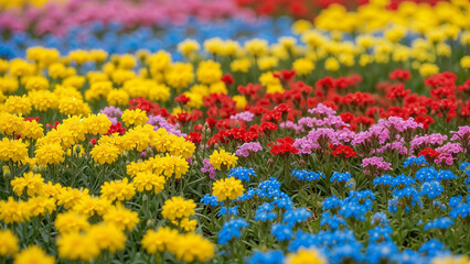 A vibrant field of colorful small flowers in yellow, red, pink, and blue hues, creating a beautiful natural scene