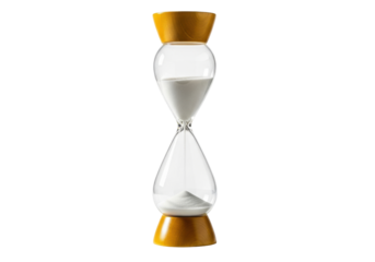 Isolated hourglass with yellow wooden top and bottom, time running out, sand timer clock