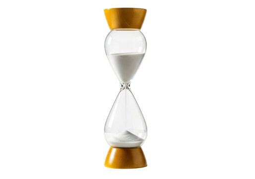 Isolated hourglass with yellow wooden top and bottom, time running out, sand timer clock
