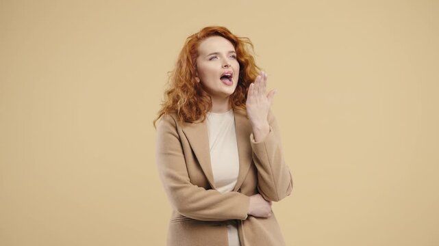 Bored Red-Haired Woman Pretending To Yawn And Roll Eyes During Awkward Situation