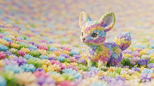Adorable textured fennec foxlike creature with vibrant colors sits in a whimsical field of tiny flowers