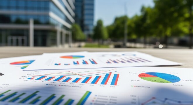 Business data charts and reports outside office building