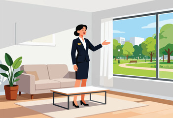 Fototapeta premium A woman in a dark suit stands inside a home, gesturing towards a park visible through a large window