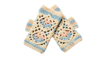 Isolated Warm crocheted wool hand warmers with granny square design craftwork items