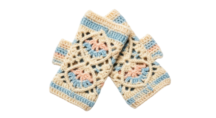 Isolated Warm crocheted wool hand warmers with granny square design craftwork items