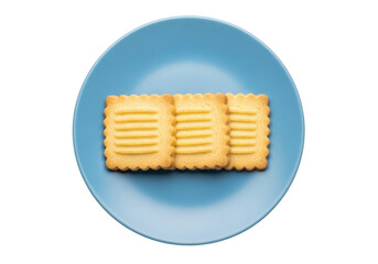 Isolated shortbread cookies on a blue plate for a sweet treat or snack meal dessert food