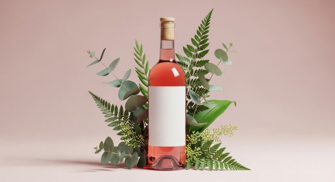Glass bottle of rose wine with blank white label and cork stopper surrounded by green fern leaves on pink background mockup
