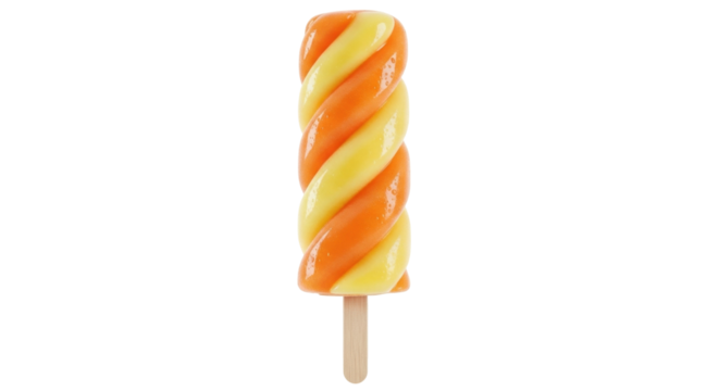 Isolated popsicle is swirled orange and yellow, a cool summer treat on a stick, simple dessert