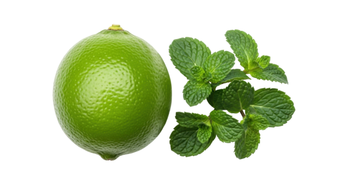 Isolated citrus lime with fresh green mint leaves for cocktail garnish or flavoring food