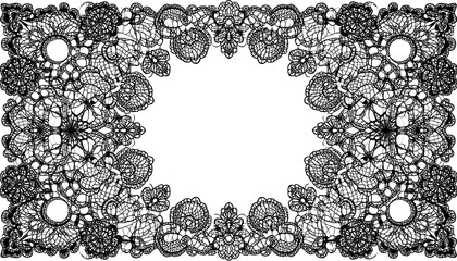 Black lace frame with floral and circular designs on a white background; central empty space
