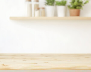  Empty Light Wooden Countertop Mockup with Blurred Kitchen Shelf and Green Plants Background
