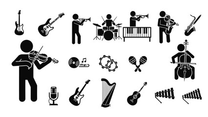 Musical instruments and musicians in black and white stick figures.