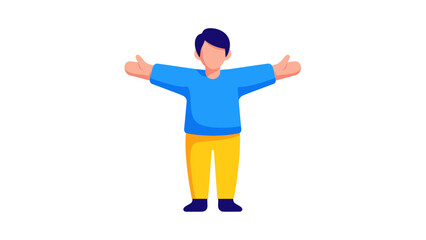 Person with arms outstretched, wearing blue shirt and yellow pants.