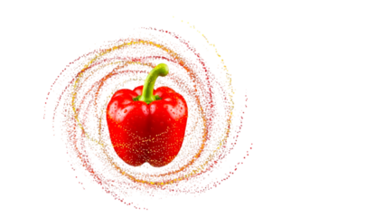 Vibrant red bell pepper with abstract swirling particles and droplets.