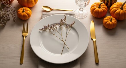 Elegant Autumn Dining Setting with Pumpkins and Gold Cutlery