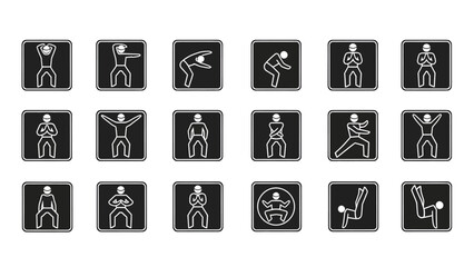 Collection of icons depicting various exercise poses on black backgrounds.