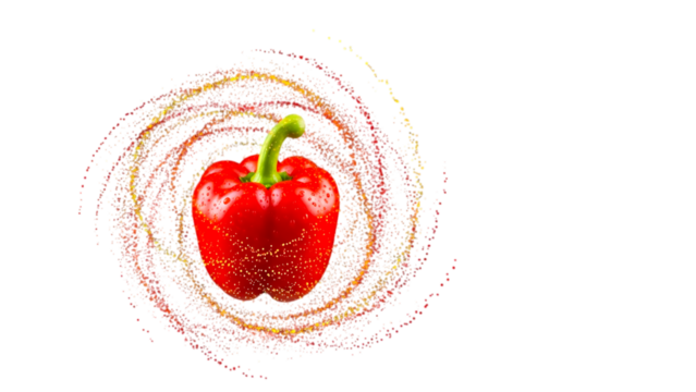Vibrant red bell pepper with abstract swirling particles and droplets.
