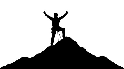 Silhouette of a person standing on top of a mountain with arms raised in victory.