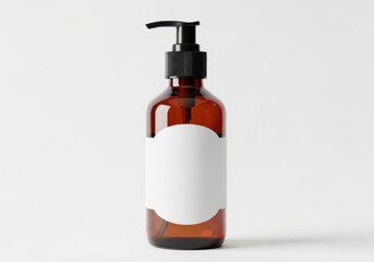 Fototapeta premium Amber glass cosmetic bottle with black pump dispenser and blank white label isolated on white background mockup 