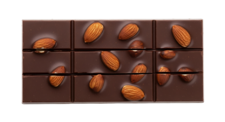 Isolated chocolate bar with almonds ready to be eaten, a delicious dessert or snack