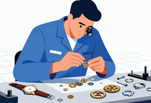 A watchmaker repairs a timepiece, focusing with a magnifying tool on intricate gears. Other parts scattered nearby - Powered by Adobe