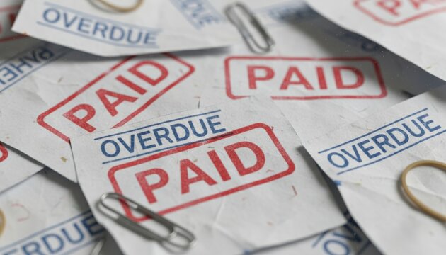 Paid and overdue stamps scattered on paper representing financial management budgeting debt tracking invoice workflow and payment responsibility awareness