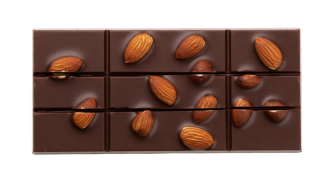Isolated chocolate bar with almonds ready to be eaten, a delicious dessert or snack