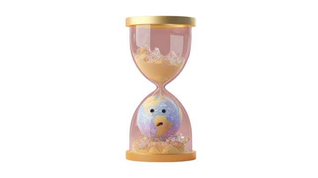 A worried Earth inside an hourglass with melting ice and sand, representing urgent climate change and time running out. background removed