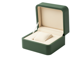 Isolated new dark green watch box case with beige velvet pillow padding for wristwatches