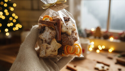 Winter holiday cookie gift bag representing handmade tradition, festive gifting spirit, cozy seasonal treats and warm celebration moments in snowy atmosphere