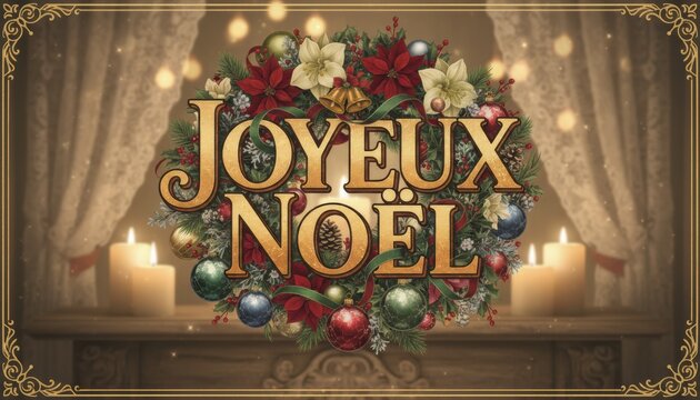 Festive Joyeux Noel wreath design expressing Christmas greeting tradition holiday joy cultural celebration and classic winter card theme