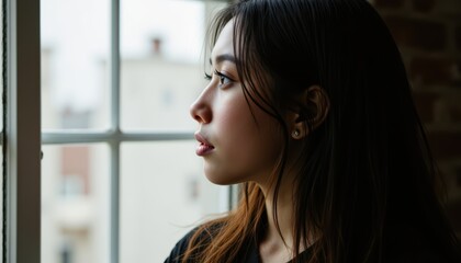Pensive woman gazing out window woman stands by window lost in thought observing world outside reflection contemplation