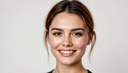 Naklejka premium Smiling woman portrait close up portrait capturing woman s joyful smile exuding warmth and positive feeling