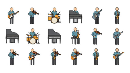 Cartoon musicians playing various instruments in a band.