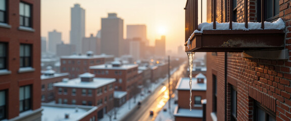 Single icicle hanging from rusty fire escape on urban background at sunset  