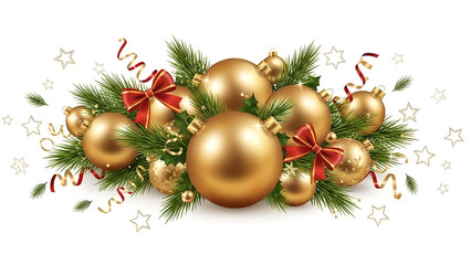 Luxurious Golden Christmas and New Year Holiday Decoration with Festive Ornaments, Evergreen Branches, and Sparkling Confetti for Seasonal Celebrations