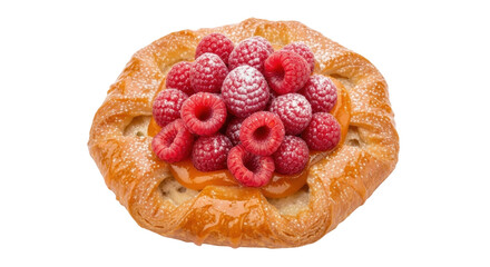 Isolated raspberry pastry dessert, fresh baked breakfast with sweet filling and fruit topping