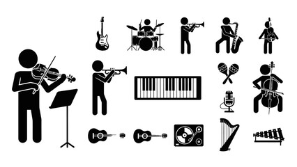 Stick figure musicians playing various instruments in black and white.