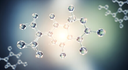 Molecular structure visualization featuring interconnected spheres and a radiant center