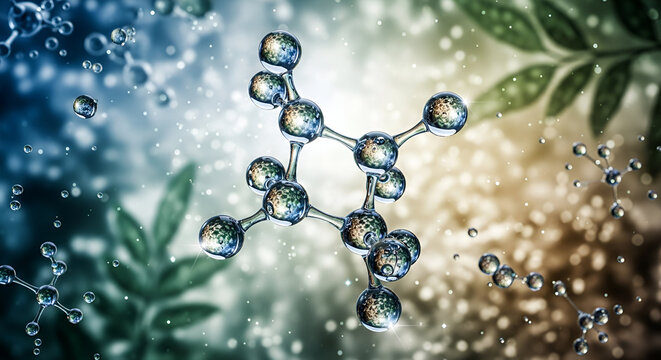 Molecular structure model with blurred background, illustrating scientific concepts