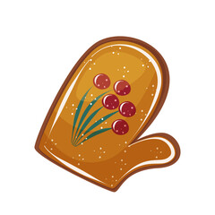 Vector gingerbread cookie in the form of winter mitten isolated. Christmas pastry on the white background. Illustration for bakery, candy store.