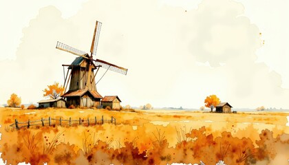Windmill in field with fence windmill dominates wide field fence lines horizon framing tranquil rural vista