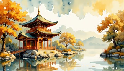 Scenic pagoda park view painting vibrant artistic rendering of traditional pagoda nestled within tranquil park landscape serene setting