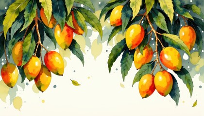 Vivid watercolor painting of mango tree branch laden with ripe tropical fruits detailed artwork captures the lush mango tree branch vibrant foliage and abundant ripe fruits