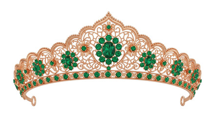 Isolated, ornate gold tiara with floral elements and green gemstones for princesses or royalty © Anneliese