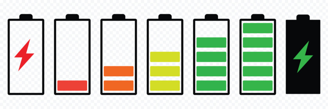 Battery level indicators. Colorful battery charge level icons. Battery power level pictograms in outline style. Vector. set of battery symbols charge level icon pictogram low to full battery level set
