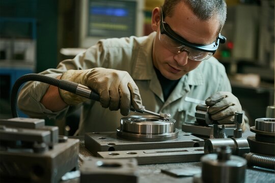 Technician working with precision tools in a workshop setting