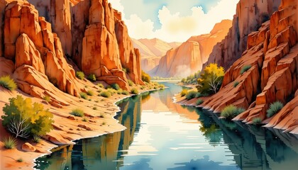 Canyon river painting majestic grand landscape flow artistic rendering capturing serene river snaking through immense canyon walls tranquil scene
